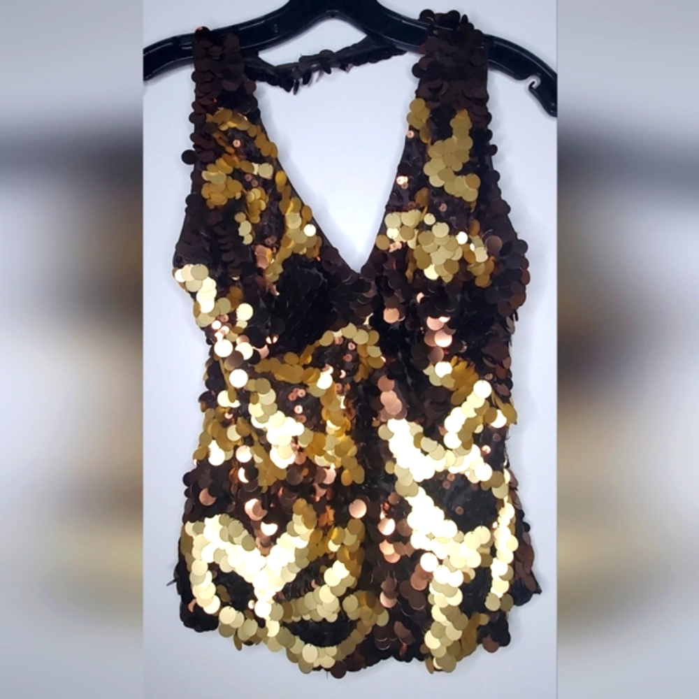 NWT Citrine Sequin Top with Gold and Brown Details